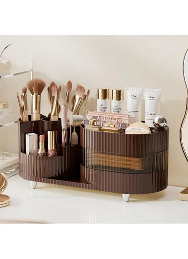 360 Degree Rotating Makeup Organizer Box Swivel Cosmetic Storage Rack (L35 x W14.7 x H17.5)cm - Brown
