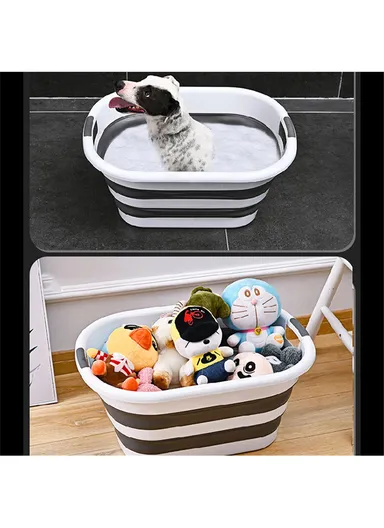 Folding Space Saving Laundry Basket, Portable Clothing Storage Container Size L (L61 x W46 x H27.3)cm - White &amp; Blue