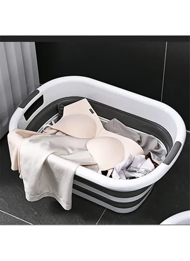 Folding Space Saving Laundry Basket, Portable Clothing Storage Container Size L (L61 x W46 x H27.3)cm - White &amp; Blue