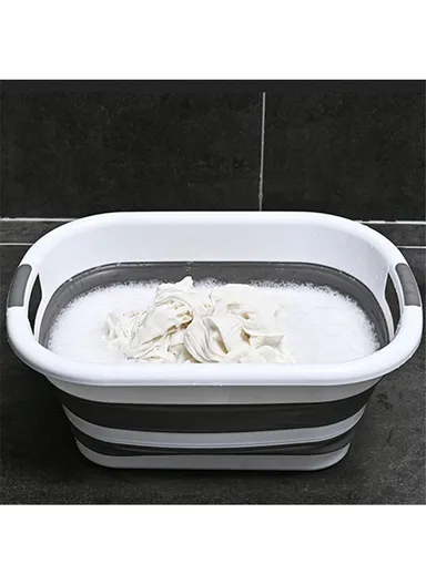 Folding Space Saving Laundry Basket, Portable Clothing Storage Container Size L (L61 x W46 x H27.3)cm - White &amp; Blue