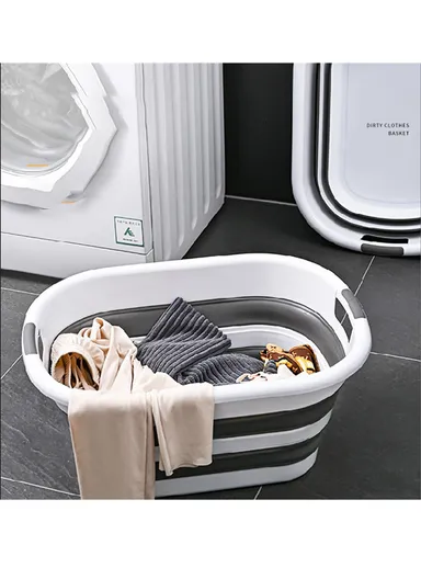 Folding Space Saving Laundry Basket, Portable Clothing Storage Container Size L (L61 x W46 x H27.3)cm - White &amp; Blue