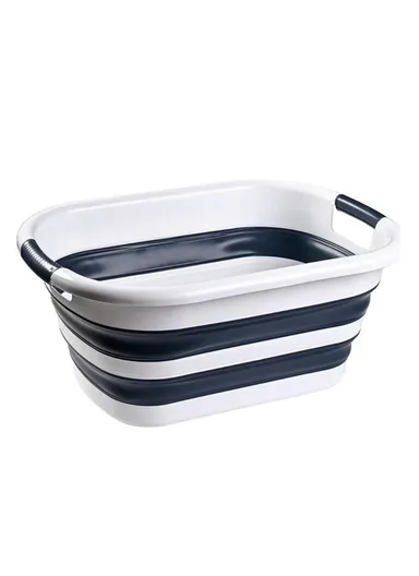 Folding Space Saving Laundry Basket, Portable Clothing Storage Container Size L (L61 x W46 x H27.3)cm - White &amp; Blue