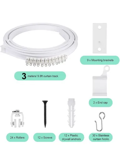 3m Curtain Track Bendable Silent Curtain Rail Flexible Curtain Track Set with Accessories