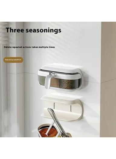 Wall Mounted Spice Rack Organizer No Drill Kitchen Seasoning Container 3 Compartments Multi-Function Storage Box - Grey