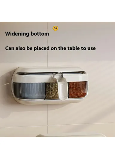 Wall Mounted Spice Rack Organizer No Drill Kitchen Seasoning Container 3 Compartments Multi-Function Storage Box - Grey