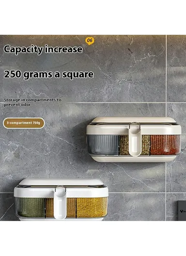 Wall-Mounted Spice Rack Organizer, No-Drill Kitchen Seasoning Container with 3 Compartments, Multi-Functional Storage Box - Beige