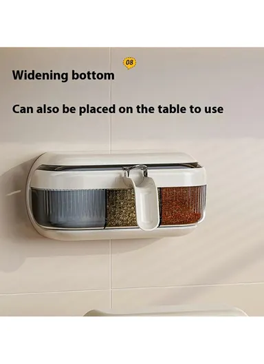 Wall-Mounted Spice Rack Organizer, No-Drill Kitchen Seasoning Container with 3 Compartments, Multi-Functional Storage Box - Beige