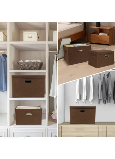 Cotton Linen Fabric Storage Box with Lid Foldable Organizer Container for Clothes Toys - Coffee / Small