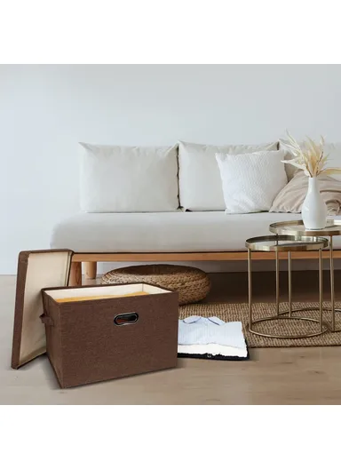 Cotton Linen Fabric Storage Box with Lid Foldable Organizer Container for Clothes Toys - Coffee / Small