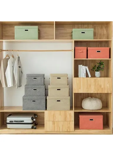 Cotton Linen Fabric Storage Box with Lid Foldable Organizer Container for Clothes Toys - Coffee / Small