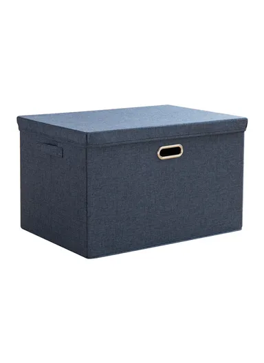 Cotton Linen Foldable Storage Box with Lid Organizer Container for Home Use - Navy Blue / XL