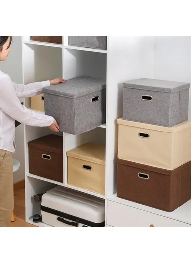Cotton Linen Foldable Storage Box with Lid Organizer Container for Home Use - Navy Blue / XL