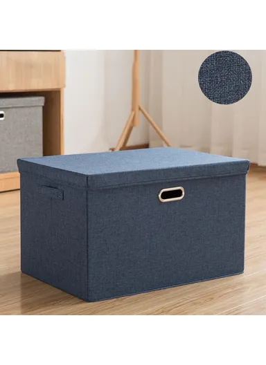 Cotton Linen Foldable Storage Box with Lid Organizer Container for Home Use - Navy Blue / XL