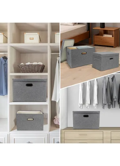 Cotton Linen Foldable Storage Box with Lid Organizer Container for Home Use - Navy Blue / XL