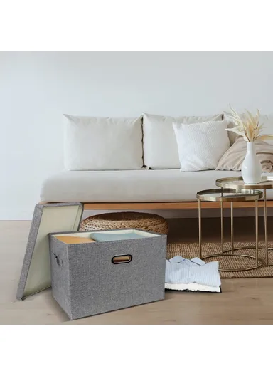 Cotton Linen Foldable Storage Box with Lid Organizer Container for Home Use - Navy Blue / Large