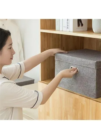 Cotton Linen Foldable Storage Box with Lid Organizer Container for Home Use - Navy Blue / Large