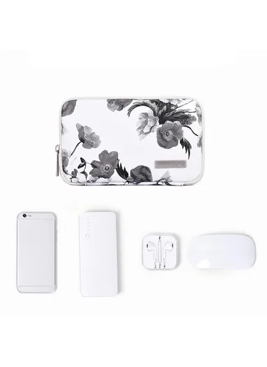 Ink Wash Painting Pattern PU Leather Portable Carrying Bag Digital Accessories Zipper Storage Case Phone Pouch G1-S21 - White