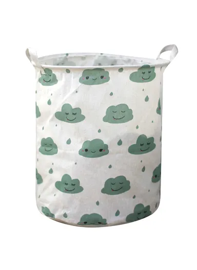 35x45cm Collapsible Washing Laundry Basket Hamper Dirty Clothes Cotton Linen Basket Laundry Bin - Green Cloud / Medium