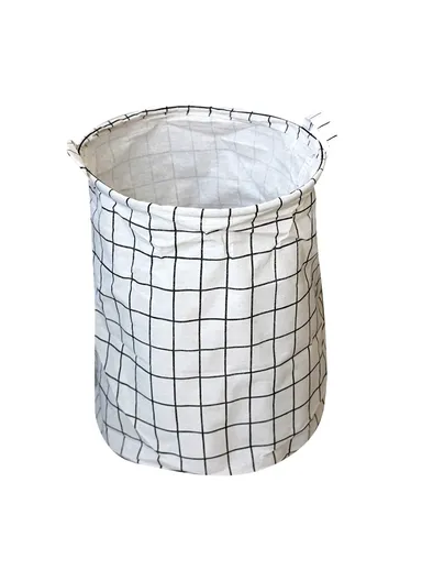 35x45cm Collapsible Washing Laundry Basket Hamper Dirty Clothes Cotton Linen Basket Laundry Bin - White Grid / Medium