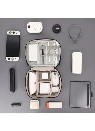 Single Layer Electronic Accessories Bag, Polyester + PU Leather Handbag for Cables Hard Drive Adapter - Coffee