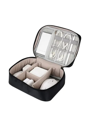 Single Layer Electronic Accessories Bag, Polyester + PU Leather Handbag for Cables Hard Drive Adapter - Beige