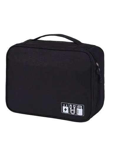 300D Cationic Zipper Bag Water-Resistant Data Cable Digital Accessories Carrying Pouch Power Bank Handbag - Black