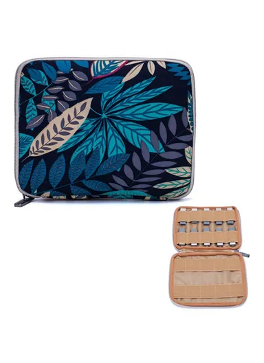 20x16cm USB Flash Drive Storage Pouch 20-Grid U-Disk Zipper Bag - Colorful Leaves / Blue Bottom