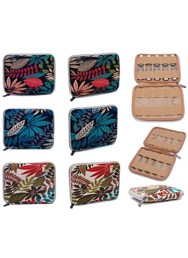 20x16cm USB Flash Drive Storage Pouch 20-Grid U-Disk Zipper Bag - Colorful Leaves / Blue Bottom