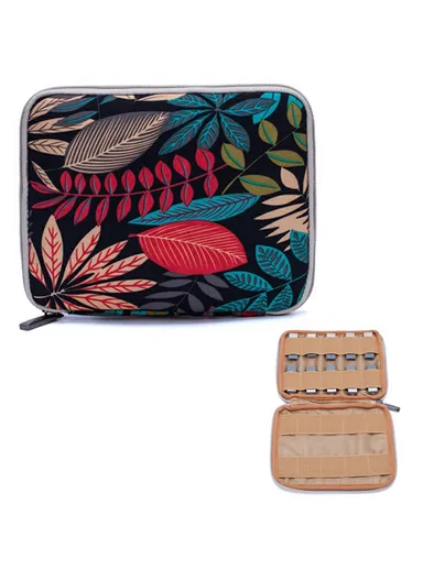 20x16cm USB Flash Drive Storage Pouch 20-Grid U-Disk Zipper Bag - Colorful Leaves / Black Bottom