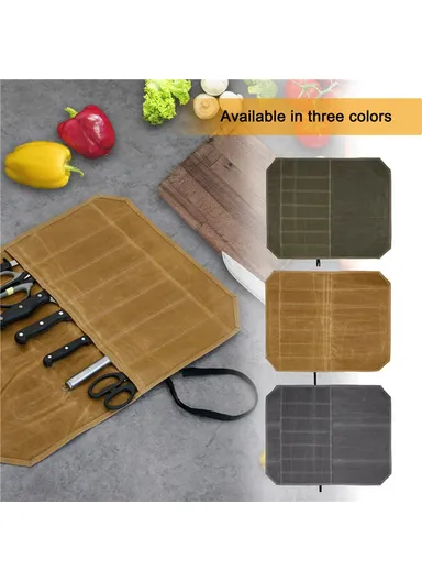 Waterproof Waxed Canvas Chef Knife Scissors Storage Pouch Roll Bag 7 Slots Carrying Case for Kitchen Knives Tools - Khaki