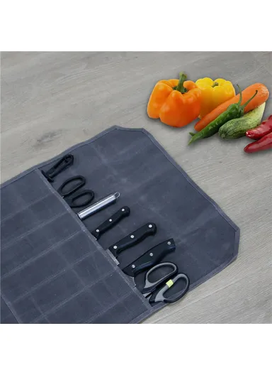 Waterproof Waxed Canvas Chef Knife Scissors Storage Pouch Roll Bag 7 Slots Carrying Case for Kitchen Knives Tools - Army Green