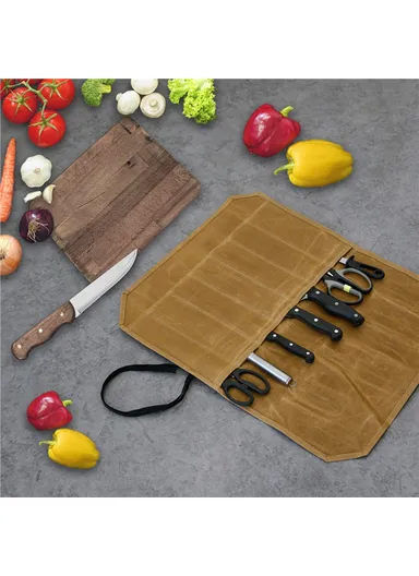 Waterproof Waxed Canvas Chef Knife Scissors Storage Pouch Roll Bag 7 Slots Carrying Case for Kitchen Knives Tools - Army Green