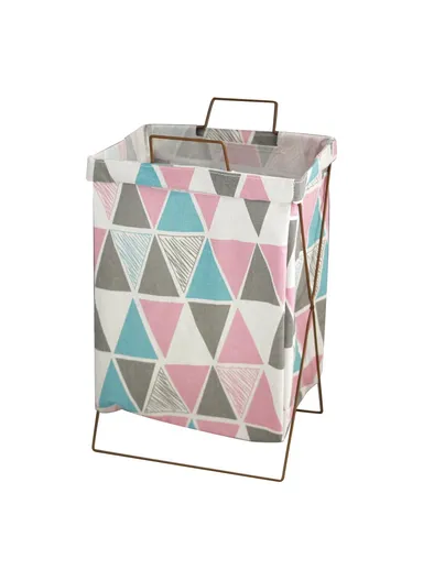 28L Iron Rack Foldable Laundry Basket Cotton Linen Dirty Clothes Hamper Washing Basket - Pink Triangle / Small