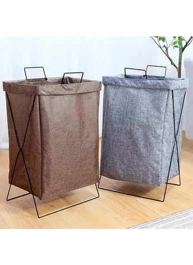 28L Iron Rack Foldable Laundry Basket Cotton Linen Dirty Clothes Hamper Washing Basket - Coffee / Small
