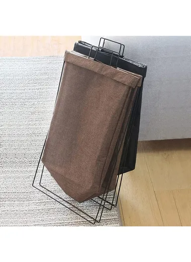 28L Iron Rack Foldable Laundry Basket Cotton Linen Dirty Clothes Hamper Washing Basket - Coffee / Small