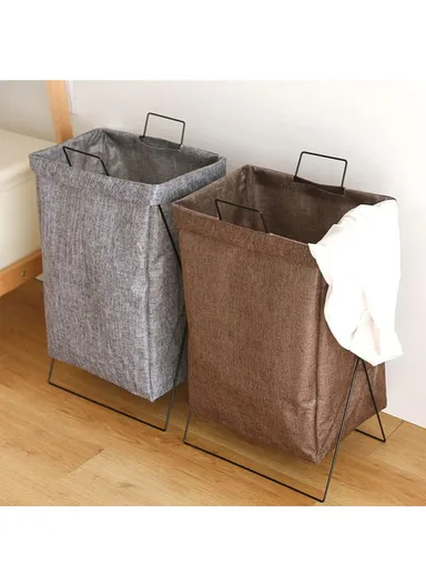 28L Iron Rack Foldable Laundry Basket Cotton Linen Dirty Clothes Hamper Washing Basket - Coffee / Small