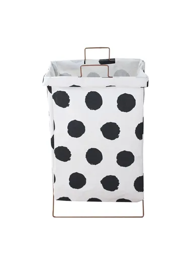 28L Iron Rack Foldable Laundry Basket Cotton Linen Dirty Clothes Hamper Washing Basket - Black Dot / Small