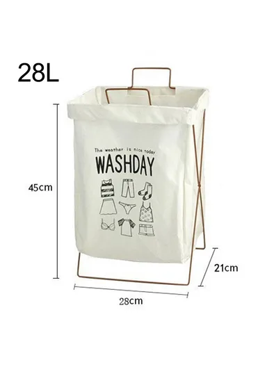 28L Iron Rack Foldable Laundry Basket Cotton Linen Dirty Clothes Hamper Washing Basket - Black Dot / Small