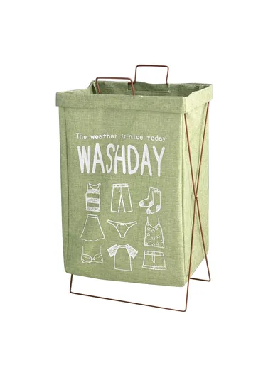 28L Iron Rack Foldable Laundry Basket Cotton Linen Dirty Clothes Hamper Washing Basket - Wash Day / Small