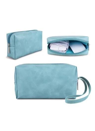 Electronic Organizer, Mouse, Power Bank &amp; Cable Storage Bag, PU Leather USB Flash Drive Carrying Handbag, Anti-scratch Pouch SS08 - Sky Blue