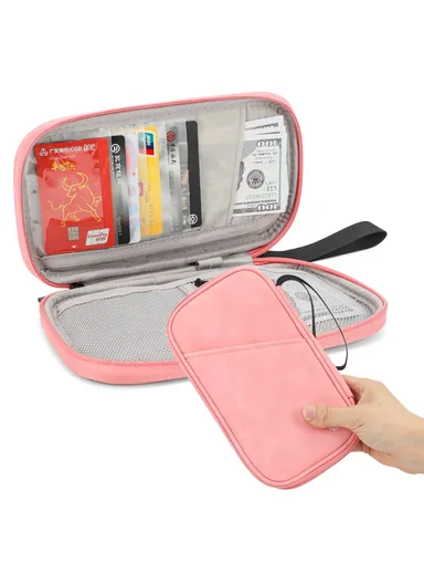 PU Multifunctional Phone Accessories Storage Bag, Passport Pouch with Small Hanging Rope - Pink