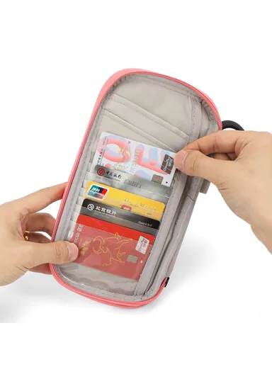 PU Multifunctional Phone Accessories Storage Bag, Passport Pouch with Small Hanging Rope - Pink