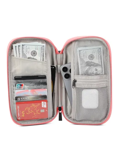 PU Multifunctional Phone Accessories Storage Bag, Passport Pouch with Small Hanging Rope - Pink