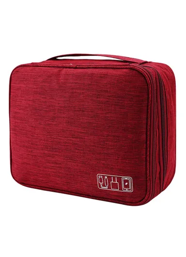 5-inch Oxford Cloth Portable Double Layers Pouch, Zipper Electronics Organizer Bag for Cable, Cord, Phone Electronic Accessories - Wine Red