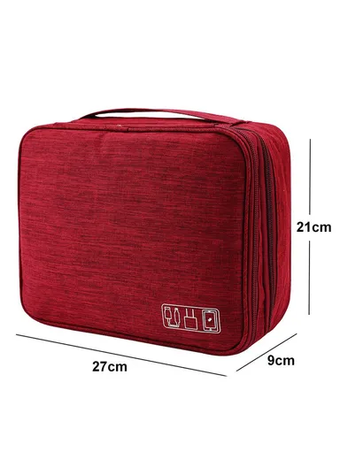 5-inch Oxford Cloth Portable Double Layers Pouch, Zipper Electronics Organizer Bag for Cable, Cord, Phone Electronic Accessories - Wine Red