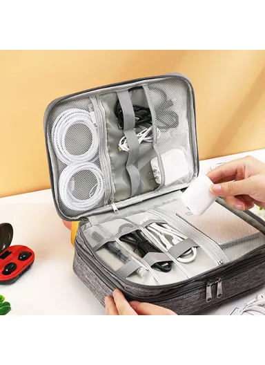 5-inch Oxford Cloth Portable Double Layers Pouch, Zipper Electronics Organizer Bag for Cable, Cord, Phone Electronic Accessories - Purple