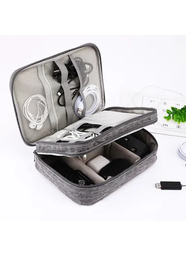 5-inch Oxford Cloth Portable Double Layers Pouch, Zipper Electronics Organizer Bag for Cable, Cord, Phone Electronic Accessories - Lake Blue