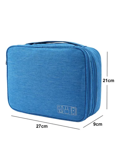 5-inch Oxford Cloth Portable Double Layers Pouch, Zipper Electronics Organizer Bag for Cable, Cord, Phone Electronic Accessories - Lake Blue