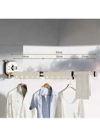 2 Section Retractable Folding Clothes Drying Rack Aluminum Alloy Balcony Window Space Saving Suction Cup Hanging Rack - Beige
