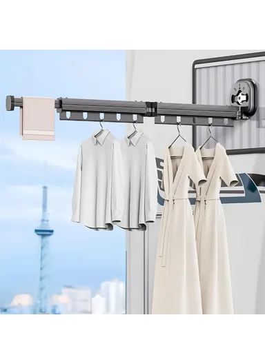 2 Section Retractable Folding Clothes Drying Rack Aluminum Alloy Balcony Window Space Saving Suction Cup Hanging Rack - Beige